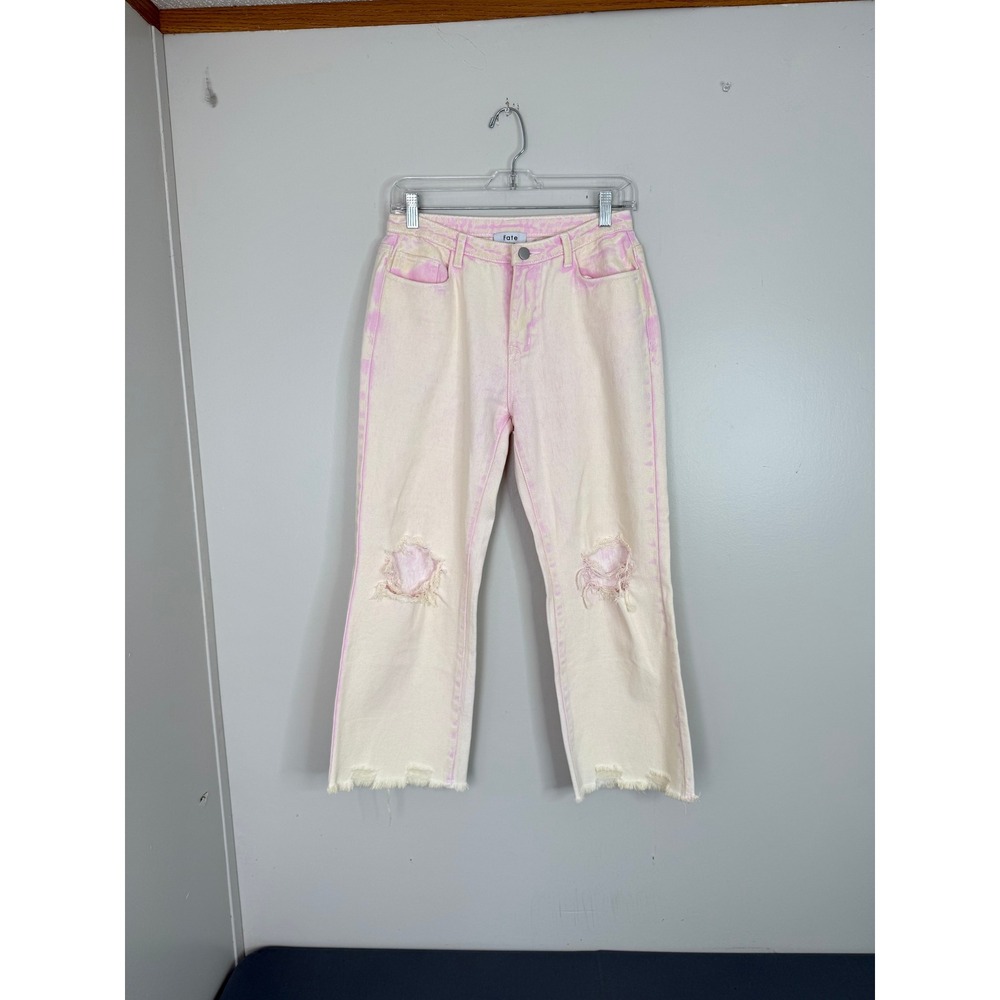 Fate Jeans Women Medium Pink Tie Dye Acid Wash Distressed Raw Hem Straight Leg - Picture 2 of 8